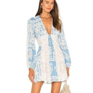 Free People Mixin It Up Mini Dress Blue Cream Medium
